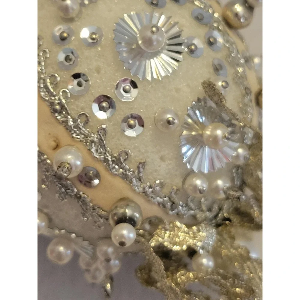 Vintage Beaded Christmas Ornaments Victorian Style Sequin Pearl Gold 5pc
